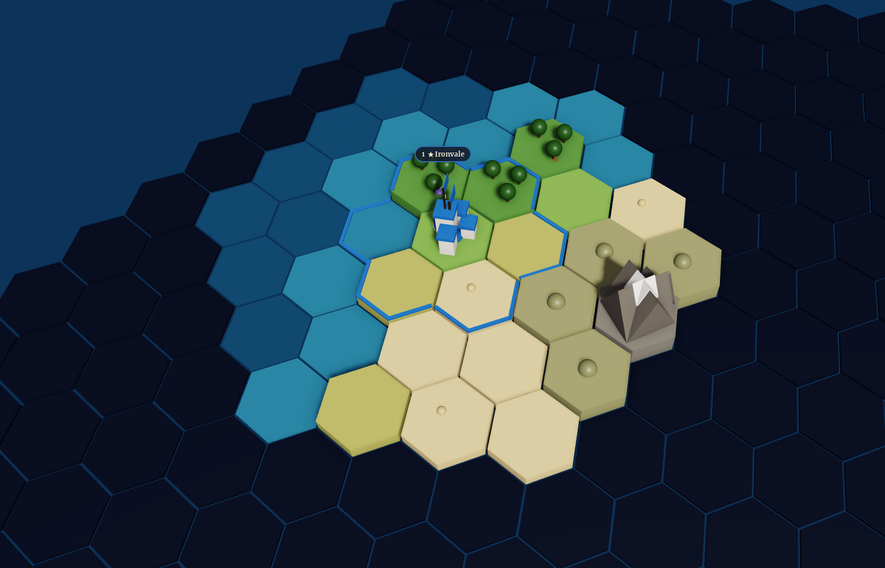 Dynasties hex map with the city of Ironvale beside a coastline and mountain